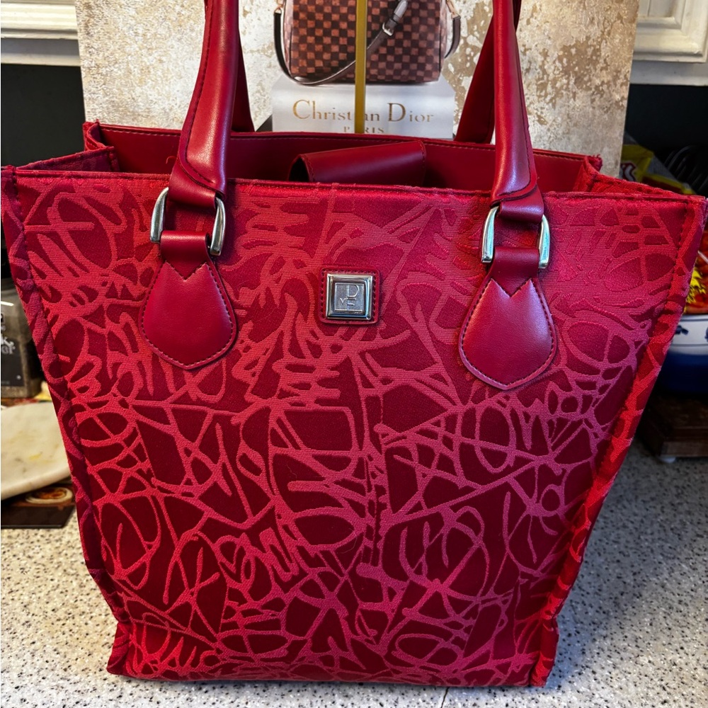 Diane Von Furstenberg Red Velvet Tote with Abstract Design